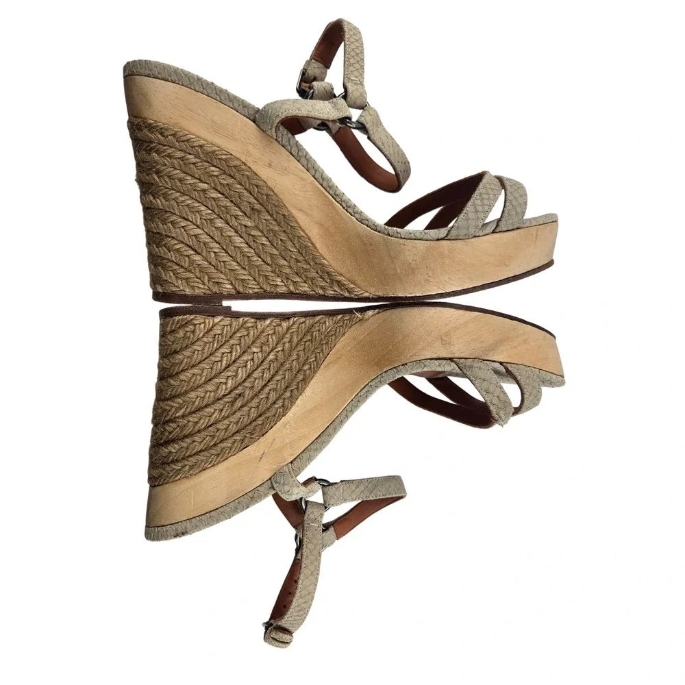 Lanvin Paris Snakeskin Embossed Leather Espadrille Wedge Sandals Beige 40.5